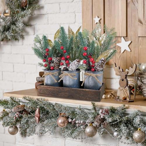 Winlyn Christmas Floral Arrangement Farmhouse Centerpiece Faux Pine Branches Pinecone Red Berry Stems Glitter Leaves Christmas Picks in Galvanized Pots with Wood Box for Holiday Table Décor