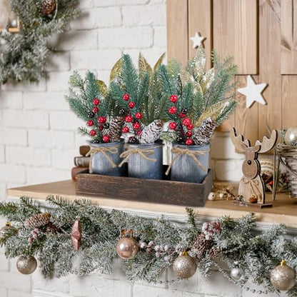 Winlyn Christmas Floral Arrangement Farmhouse Centerpiece Faux Pine Branches Pinecone Red Berry Stems Glitter Leaves Christmas Picks in Galvanized Pots with Wood Box for Holiday Table Décor