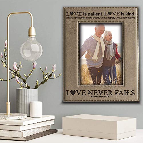 BELLA BUSTA -Love Never Fails-1 Corinthians (bible verse)-Anniversary for her,Him-Valentines Day- Engraved Leather Picture Frame (4 x 6 Vertical) - size: 4 x 6 Vertical