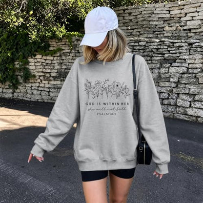 Christian God Is Within Her Sweatshirts Jesus Faith Religous Hoodie Bible Verse Floral Graphic Inspirational Shirts - color: Light Gray, size: Small