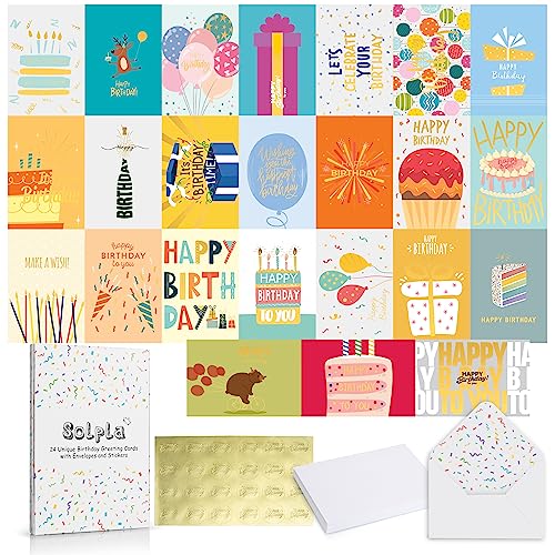 24 Pack Unique Gold Foil Birthday Cards with Envelopes & Stickers | 4x6 Inches Blank Happy Birthday Cards Assortment in Bulk for Family, Kids, Friends, Work & Office Celebrations. - size: 4x6 inches