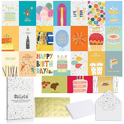24 Pack Unique Gold Foil Birthday Cards with Envelopes & Stickers | 4x6 Inches Blank Happy Birthday Cards Assortment in Bulk for Family, Kids, Friends, Work & Office Celebrations. - size: 4x6 inches