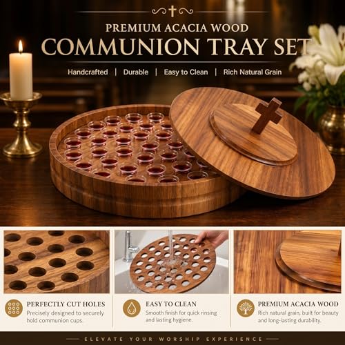 Zhehao 1 Set Wood Communion Tray Set for Church Holy Serving Tray with Lid Elegant 40 Cup Holders and 100 Disposable Communion Cups for Worship Service(Acacia Wood Style) - style: Acacia Wood Style