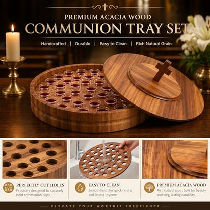 Zhehao 1 Set Wood Communion Tray Set for Church Holy Serving Tray with Lid Elegant 40 Cup Holders and 100 Disposable Communion Cups for Worship Service(Acacia Wood Style) - style: Acacia Wood Style