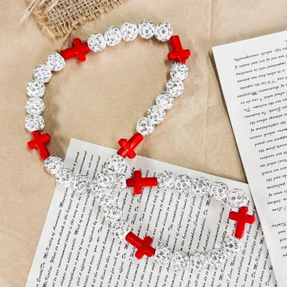 Baseball Bead Cross Necklace for Boys Kids, Elastic Rhinestone Bling Necklace Drip Gifts for Teens Players - color: Red Cross/White