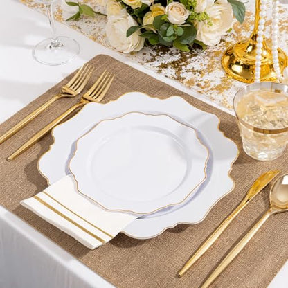 WDF 175Pcs Gold Plates Disposable - White and Gold Plastic Plates 25guest Plastic Dinnerware Ideal for Party/Wedding/Thanksgiving/Fall/Rosh Hashanah - color: White and Gold, size: 175 pieces