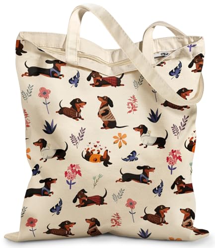 Miss Adola Canvas Tote Bag with Zipper for Women - color: Colorful Dachshund