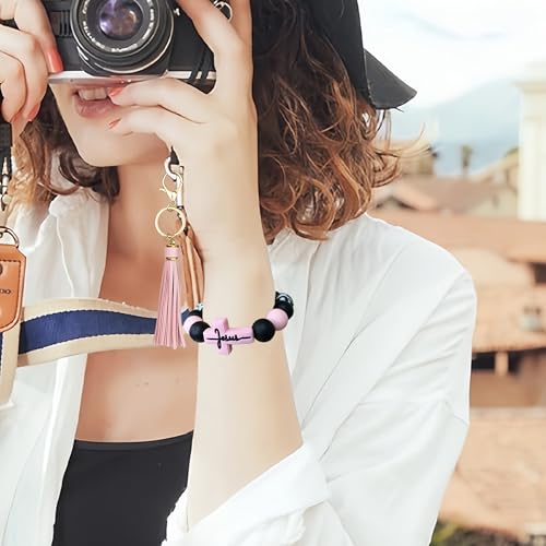 SHINYHARBOR Silicone Beaded Wristlet Keychain Bracelet,Key Wrist Keychains for Women Mom Teachers Best Friend - color: Cross-pink