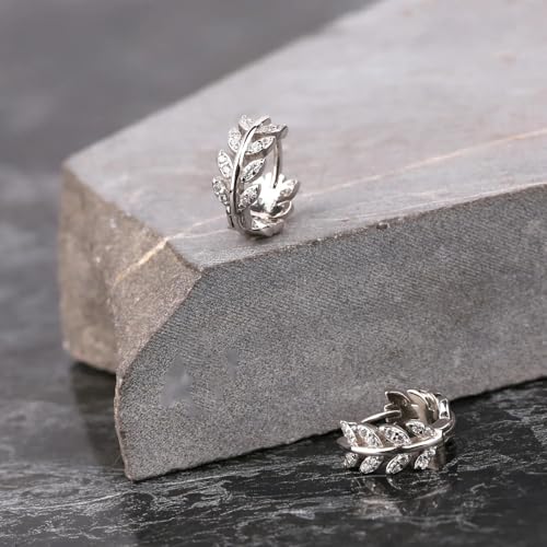 14K Gold Huggie Earrings for Women Silver Huggie Hoop Earrings Cubic Zirconia Huggie Earrings Stud Earrings Lightweight Dainty Hypoallergenic Earrings Jewelry Gifts - color: Silver Olive Leaf CZ Huggie Earrings
