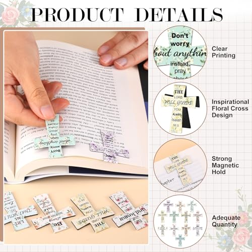 48 PCS Magnetic Cross Bookmarks Christian Cross Page Markers Flowers Bookmark with Religious Bible Verses Inspiration Sayings Gifts for Mother's Day Women Students Bible Study School Church
