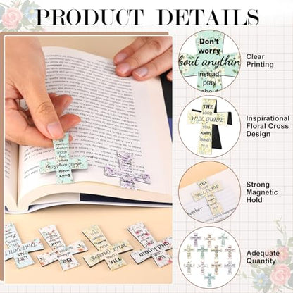 48 PCS Magnetic Cross Bookmarks Christian Cross Page Markers Flowers Bookmark with Religious Bible Verses Inspiration Sayings Gifts for Mother's Day Women Students Bible Study School Church