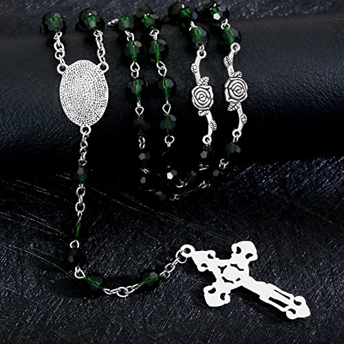 KOMI Rosary Beads Catholic for Women Gemstone Rosary Beads Necklace with Crucifix Cross Crystal Pearl Rosary Rosarios Catolicos Catholic Gifts - style: 8mm Green Crystal Beads