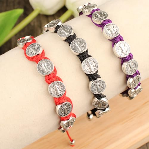925 Sterling Silver San Benito Bracelet For Women And Men, Catholic Multicolor Bracelet St. Benedict Medal Hand Knitted Knot Coin Beaded Adjustable Religious Prayer Faith - color: Red - San Benito Bracelet