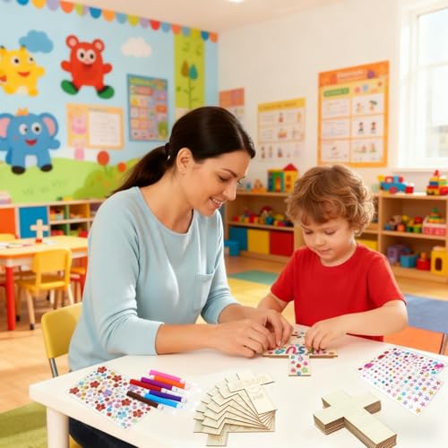 LECEHIVO 40 Pieces Wood Cross Crafts with Stickers Watercolor Pens Acrylic Paint and Paint Brushes DIY Wooden Cross for School Kids Christian Jesus Bible Sunday Vacation Crafts Supplies