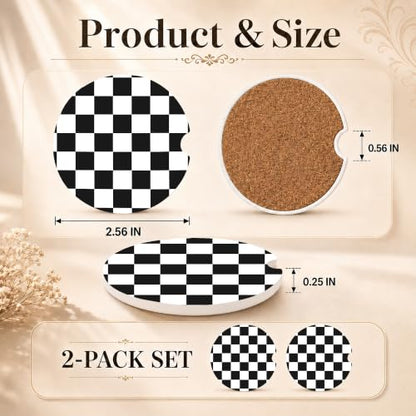 Checkered Car Coasters Set of 2, Black White Plaid Car Accessories, 10 - color: Black White Plaid