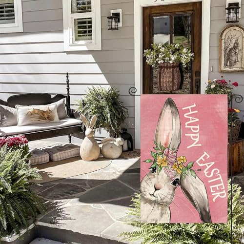 AVOIN colorlife Pink Happy Easter Bunny Garden Flag 12x18 Inch Outside - color: Pink, size: Garden Size-12 x 18"