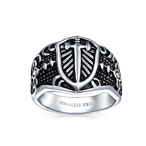 Men's Fleur De Lis Cross Signet Ring Oxidized Silver Tone Stainless Steel - color: Silver Black