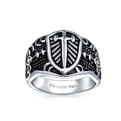 Men's Fleur De Lis Cross Signet Ring Oxidized Silver Tone Stainless Steel - color: Silver Black Engrave