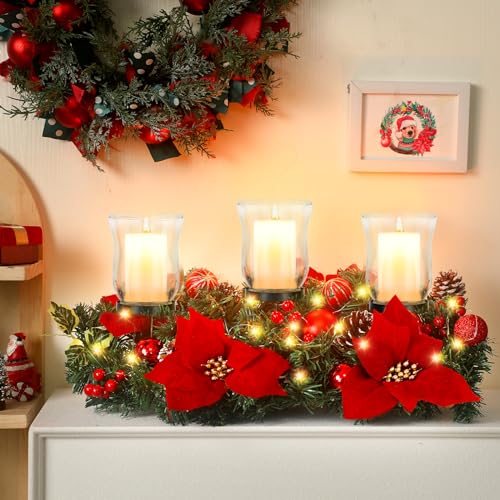 Sliner Christmas Candle Holder Centerpiece, 3 Glass Poinsettia LED,Classic