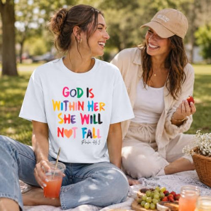 Sulayesh Christian Shirts for Women Jesus God is Within Her Tshirt Faith Inspirational Bible Verse Religious Graphic Tee Tops - color: White, size: Small