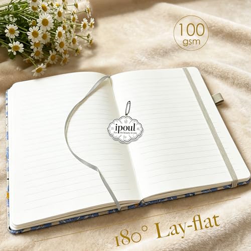 A5 Notebook, Flower Journal, Embroidered Notebook, 8"x6", Hardcover, Lay Flat, Lined, Wide Ruled Paper, Personalized Notebook, Pretty Journal, Daisy Gifts for Women, Blue, with Elastic Band - color: A5-Ruled-Blue Daisy