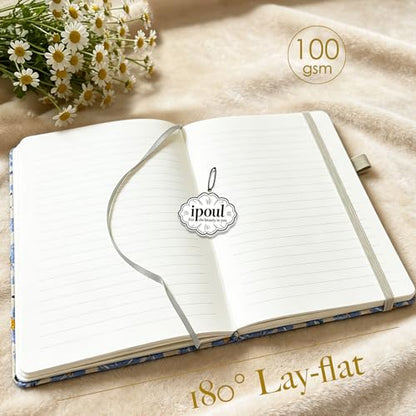 A5 Notebook, Flower Journal, Embroidered Notebook, 8"x6", Hardcover, Lay Flat, Lined, Wide Ruled Paper, Personalized Notebook, Pretty Journal, Daisy Gifts for Women, Blue, with Elastic Band - color: A5-Ruled-Blue Daisy