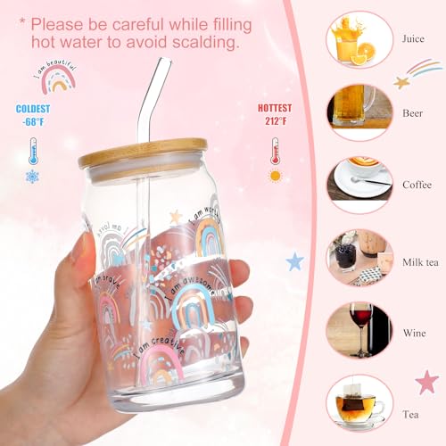 Watersay 64 Pcs Rainbow Inspirational Gifts for Women 16oz Glass Cup with Lid Straw Motivational Canvas Makeup Bag Pens Sticky Notes Stickers Stationery Accessories for Back to School - style: Rainbow
