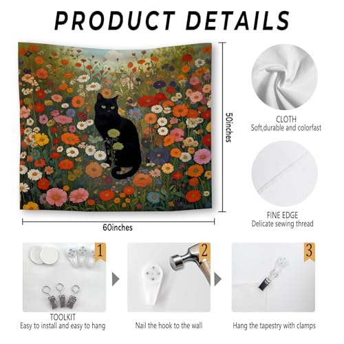 Foritho Black Cat Wildflower Tapestry, Floral Field Cat Tapestry Wall Hanging, Cottagecore Flower Botanical Black Kitten Wall Tapestries for Bedroom Living Room Home Decor, 50x60 Inch - color: Color 05