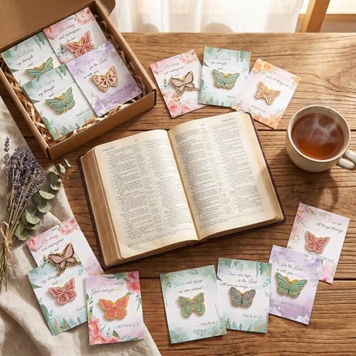 40 Sets Christian Pins, Christian Party Favors, 40 Gold Plated Butterfly Bible Verse Lapel Pin with 40 Scripture Quote Cards for Women Mothers Day Church Gifts Religious Party Favors