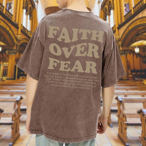 Christian Shirts for Men Faith Over Fear Oversized Tees - color: Coffee, size: Large