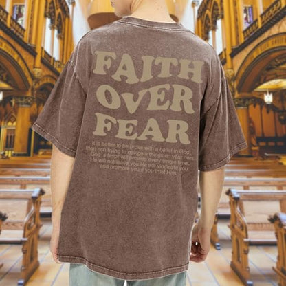 Christian Shirts for Men Faith Over Fear Oversized Tees - color: Coffee, size: Medium