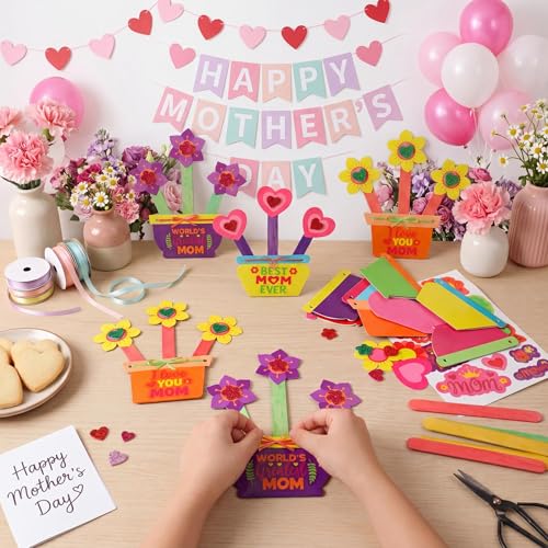 Frienda 48 Set Mother's Day Crafts Kit for Kids Happy Mother's Day Flower Pot Mom Make Your Own Flowers Pot Craft DIY Floral Paper for Classroom Activities Mothers Gifts Spring Party Favors - style: Flower Pot