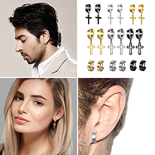 Cupimatch 3-6 Pairs Stainless Steel Cross Dangle Huggie Hinged Hoop Earrings for Men Women (1 Pair Silver Cross) for Mother's Day - color: cross-9pack