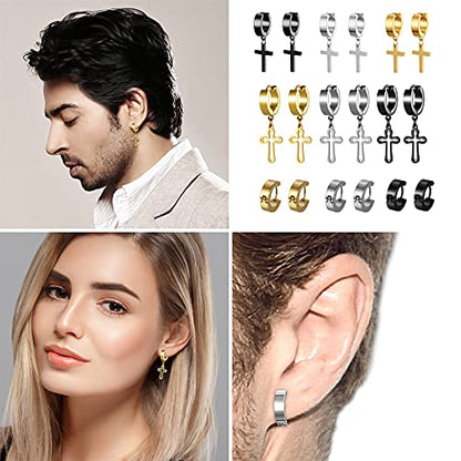 Cupimatch 3-6 Pairs Stainless Steel Cross Dangle Huggie Hinged Hoop Earrings for Men Women (1 Pair Silver Cross) for Mother's Day - color: cross-9pack