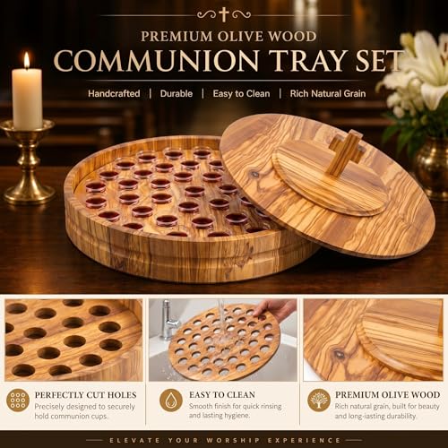 Zhehao 1 Set Wood Communion Tray Set for Church Holy Serving Tray with Lid Elegant 40 Cup Holders and 100 Disposable Communion Cups for Worship Service(Olive Wood Style) - style: Olive Wood Style