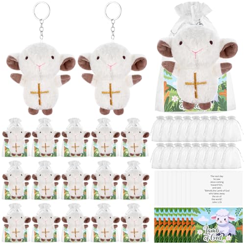 18 Set Mini Plush Lamb of God Keychains Christian Stuffed Lamb for First Communion Christening Gift Religious Sheep Plush Keyring With Cards and Organza Bags