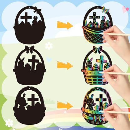 CY2SIDE 60PCS Religious Baskets with Egg Cross Scratch Card Gift Set DIY Christian Jesus is Risen Scratch Paper Craft for Kid Sunday School Activity Easter Bunny Magic Art Rainbow Color Paper Ornament - style: Easter Basket Cross