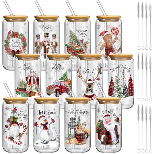 Teenyyou 12 Sets of Christmas Glasses Cups with Bamboo Lid and Glass Straw 16 oz Red and Black Plaid Christmas Glass Jar Drinking Cups Wreath Santa Coffee Cup for Women Men Xmas Holiday Party Gifts - style: Red and Black Plaid
