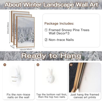 CHDITB 3 Pcs Snowy Winter Forest Landscape Framed Wall Art 16x24 Inch - color: Snowy Christmas Pine Trees, size: 16"L x 24"W