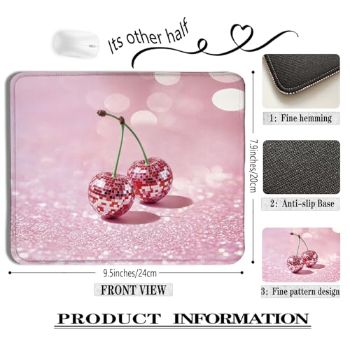 Trendy Pink Disco Ball Cherry Mouse Pad, Funky Preppy Y2K Glitter Cherry Fruit Mousepads for Wireless Mouse Computers Laptop Desk Accessories, Desk Supplies for Women Office, 9.5x7.9 Inch - color: colour 1