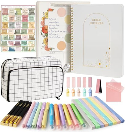 Bible Study Kit - Bible Journaling Supplies Kit for Women - Christian Gifts for Women - Highlighters and Pens with Aesthetic Bibles Journal Notebook - Bibles Accessories Annotation Kits - color: Beige