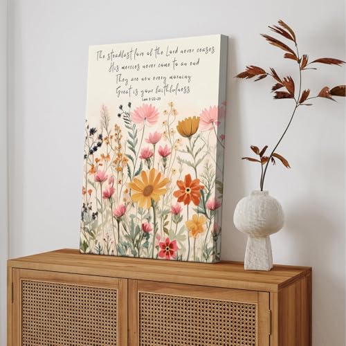 BBQCBA Christian Floral Scripture Canvas Wall Art Wildflower Bible Verse Posters Prints Steadfast Love Of Lord Religious Faith Wall Decor Picture for Living Room Bedroom Decoration - color: Wildflowers Canvas, size: 16"L x 12"W