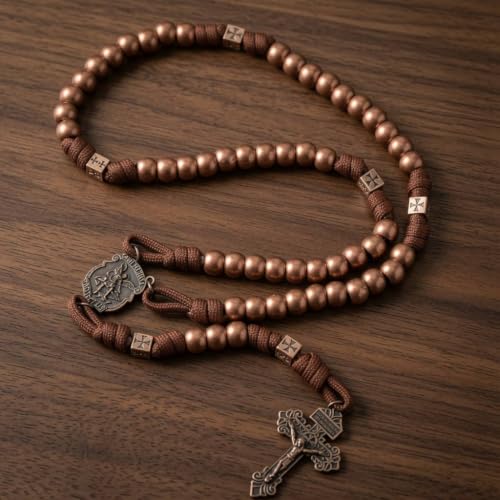Nazareth Store St Michael Paracord Rosary Beads Rugged Rosary Necklace Strong Corded Catholic Pardon Crucifix - color: Antique Copper