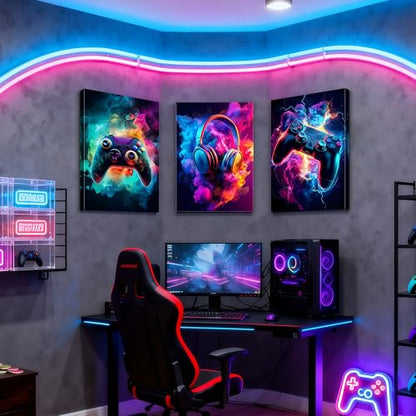 WENGTIAO 3Pcs Neon Gamepad Headphones Canvas Wall Art Prints 20"x28" - color: Cool Game Controller, size: 20"x28"x3Pcs