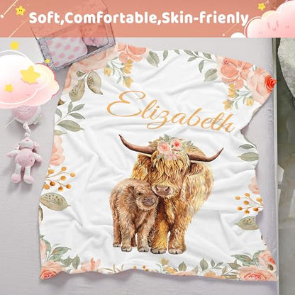 Personalized Baby Highlander Cow Blanket for Girls with Name - color: Highlander Cow