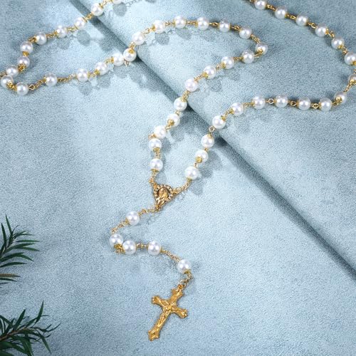 Rosary Beads Catholic for Women,Gold White Rosary Necklace for Women,Glass Pearl Beads Rosary Necklaces,Imitation Pearl Bead Necklace Rosarios Catolicos with Pouch,Catholic Gifts for Adults