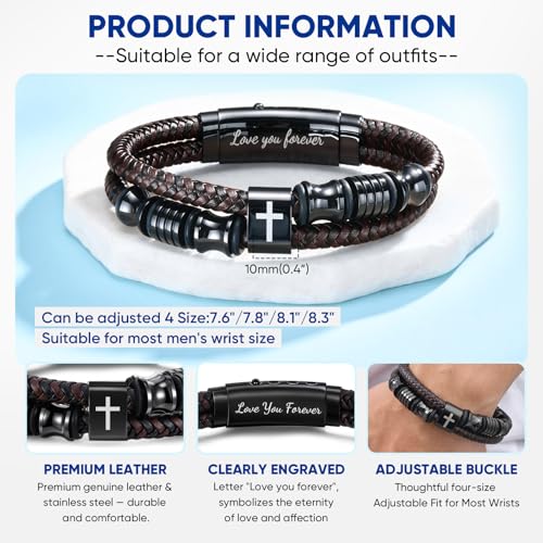 Christian Brown Leather Bracelet for Men - Double-Row Braided Leather Faith Cross Bracelets Bangle Religious Baptism Inspirational Bible Verse Jewelry Gift for Young Men Teenage, Adjustable Wristband - color: Love you forever