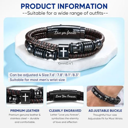 Christian Brown Leather Bracelet for Men - Double-Row Braided Leather Faith Cross Bracelets Bangle Religious Baptism Inspirational Bible Verse Jewelry Gift for Young Men Teenage, Adjustable Wristband - color: Love you forever