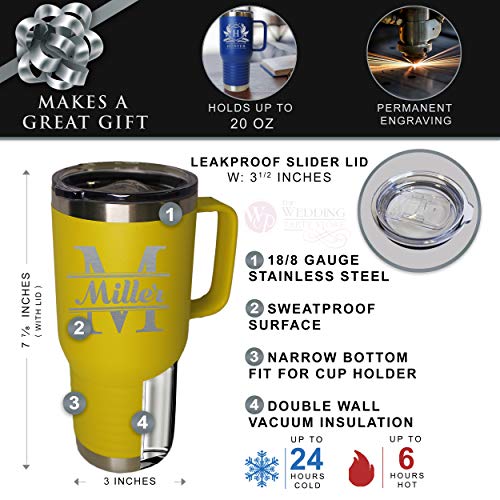 The Wedding Party Store Custom Personalized 20 oz Stainless Steel Powder Coated Vacuum Insulated Double Walled Travel Tumbler Coffee Mug with Handle and Lid (Yellow) - color: Yellow