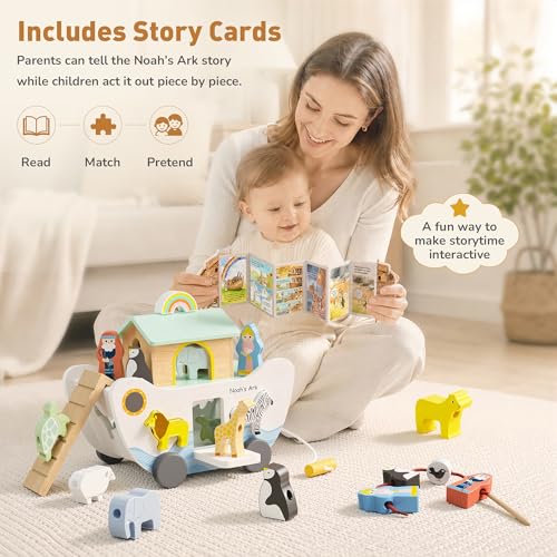 GiggleGems Noah's Ark Wooden Toy - All-in-1 Push Pull Shape Sorter for Toddlers - Montessori Animal Matching Set - Baptism Christening Gift for Birthday, Religious Toys for Boys Girls (18M+)